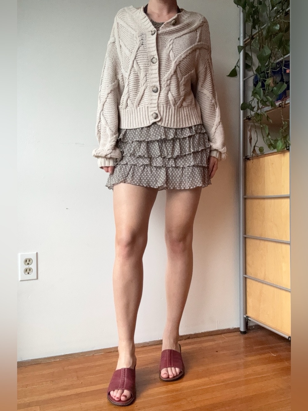 Taupe Silk Tiered Polka Dot Mini Skirt